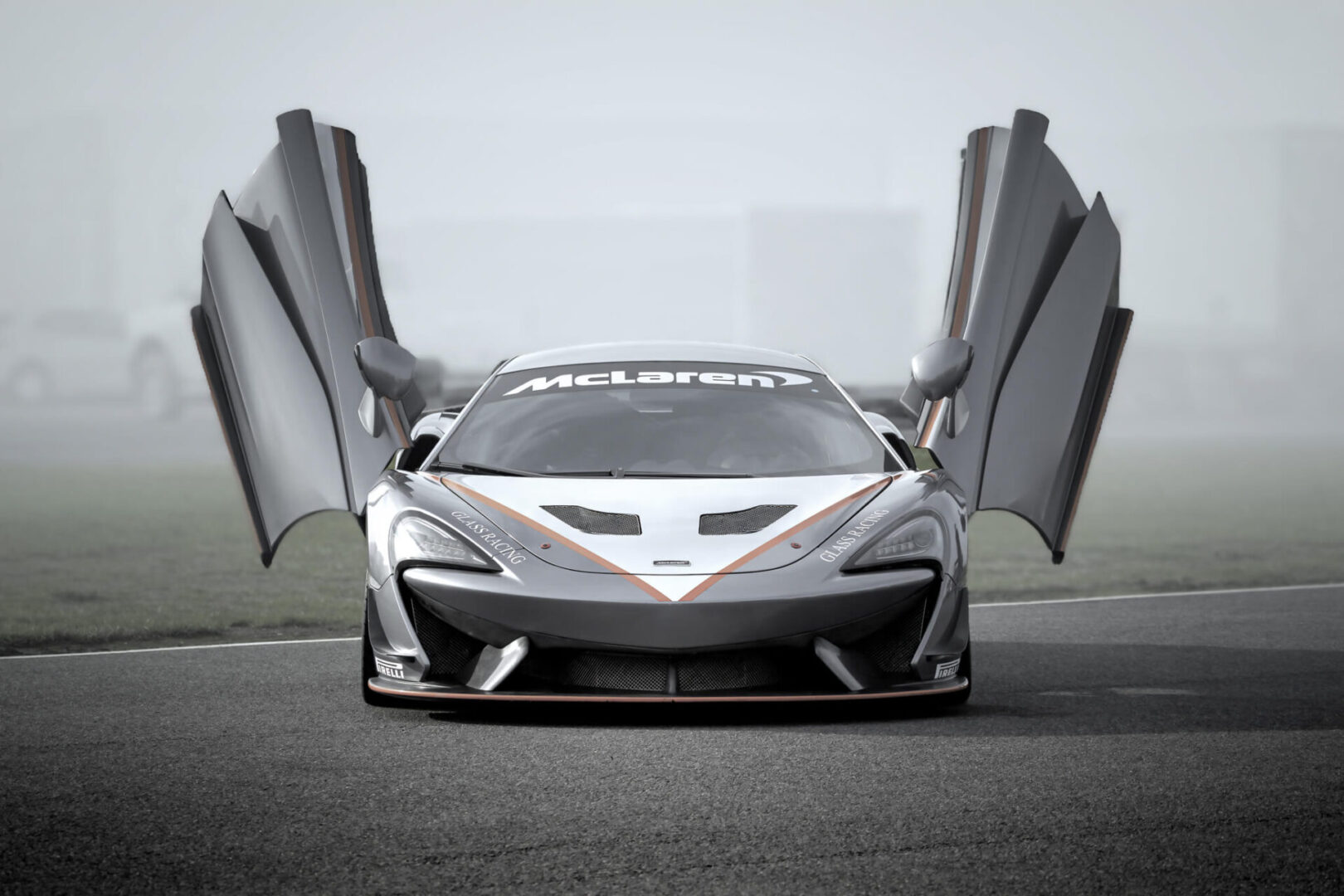 A mclaren p 1 gtr is shown with its doors open.